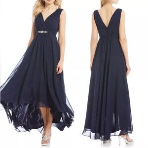 Eliza J Embellished High/Low Chiffon Dress Size 10‎ Navy Blue Sleeveless V-Neck